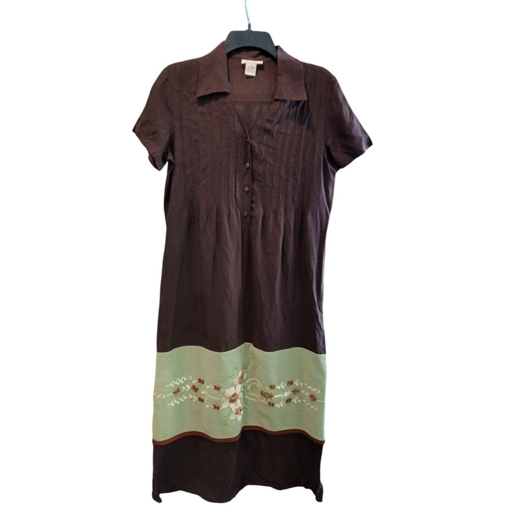 JJill Brown/Green/Floral Embroidered Linen Tencel Boho VNeck Maxi Dress Size 4